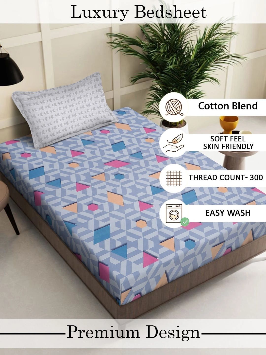 Myntra Elegant Homes Berbilang Warna Geometrik 300 TC Cadar Tempat Tidur Single dengan 1 Sarung Bantal