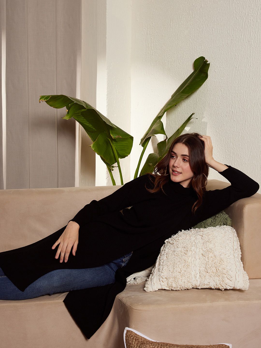 Berrylush Ribbed Turtle Neck Drop Shoulder Split Hem Longline Pullover Sweater