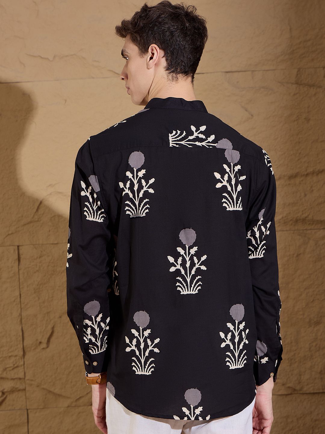 Dennison Floral Printed Cotton Band Collar Lurus Kurta