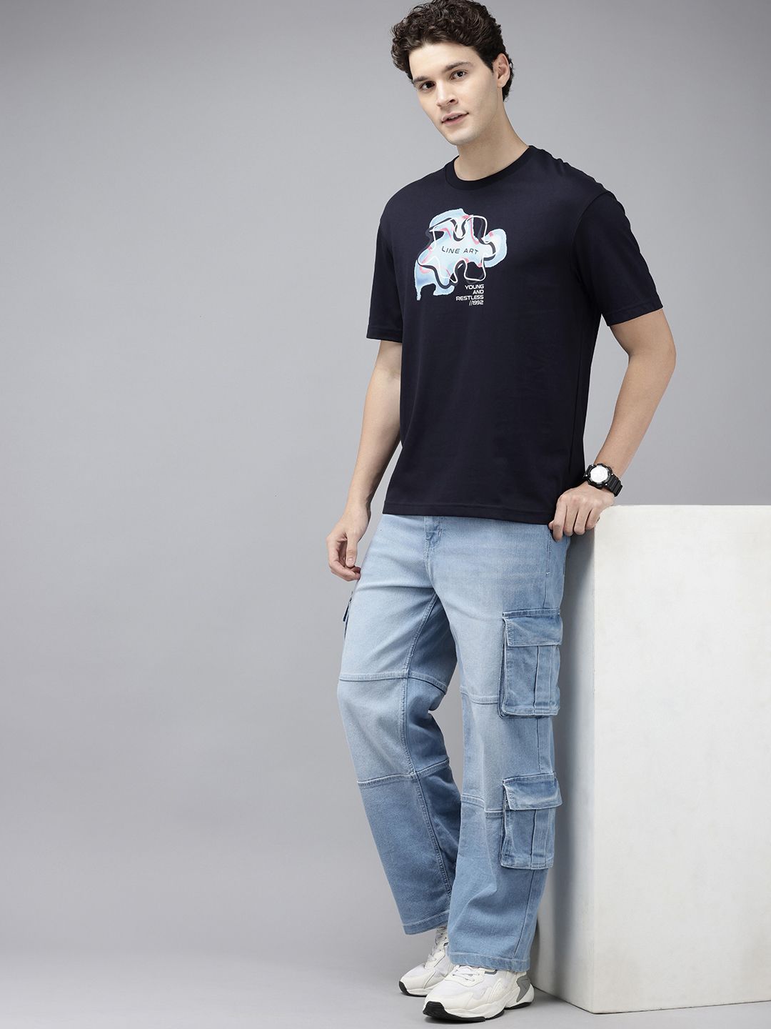 SPYKAR Graphic Printed Drop-Shoulder Sleeves Oversized T-shirt