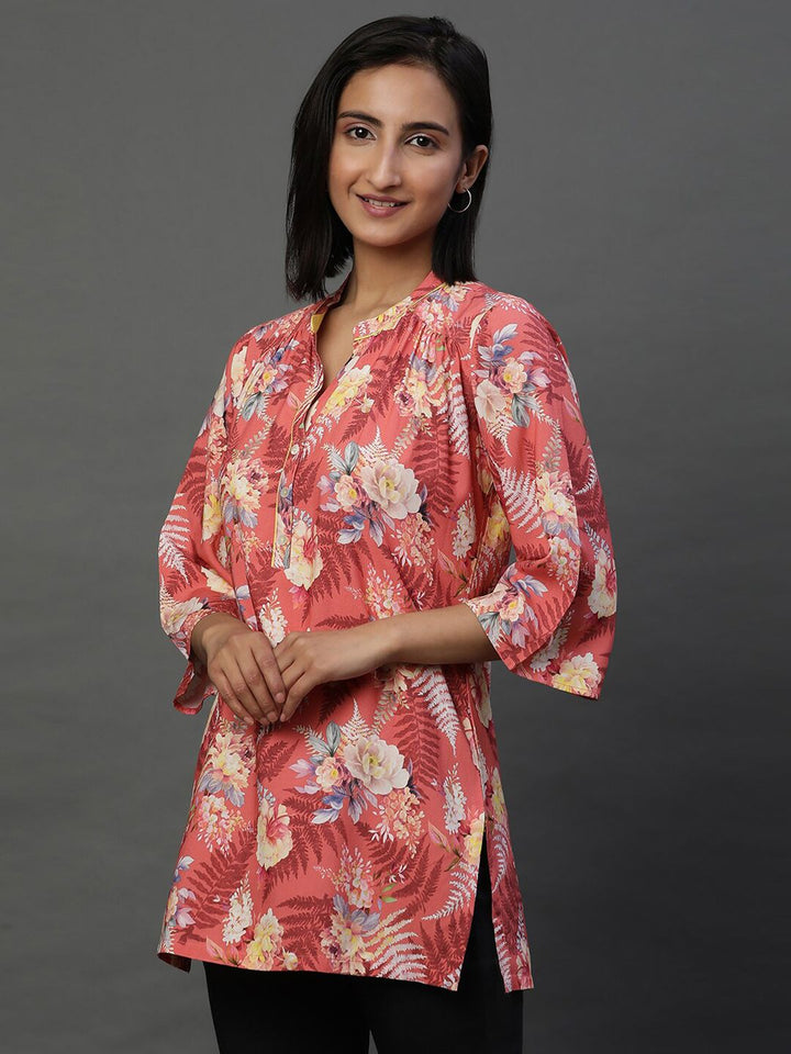 AURELIA Floral Printed Mandarin Collar Pure Cotton Kurti