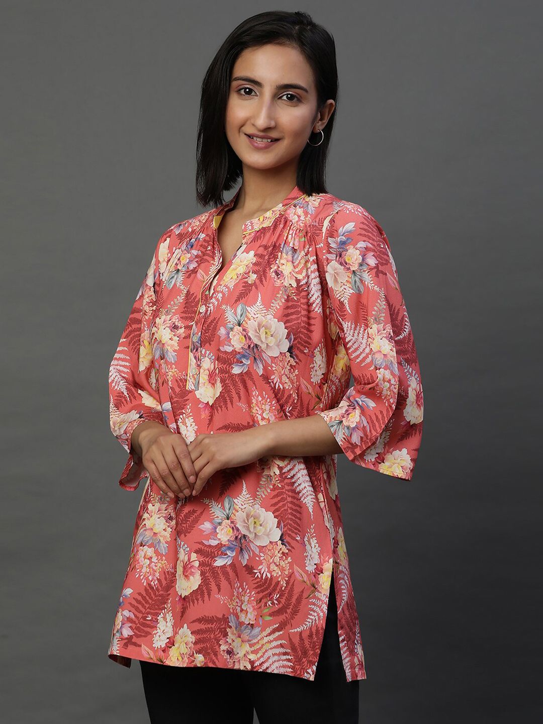 AURELIA Floral Printed Mandarin Collar Pure Cotton Kurti