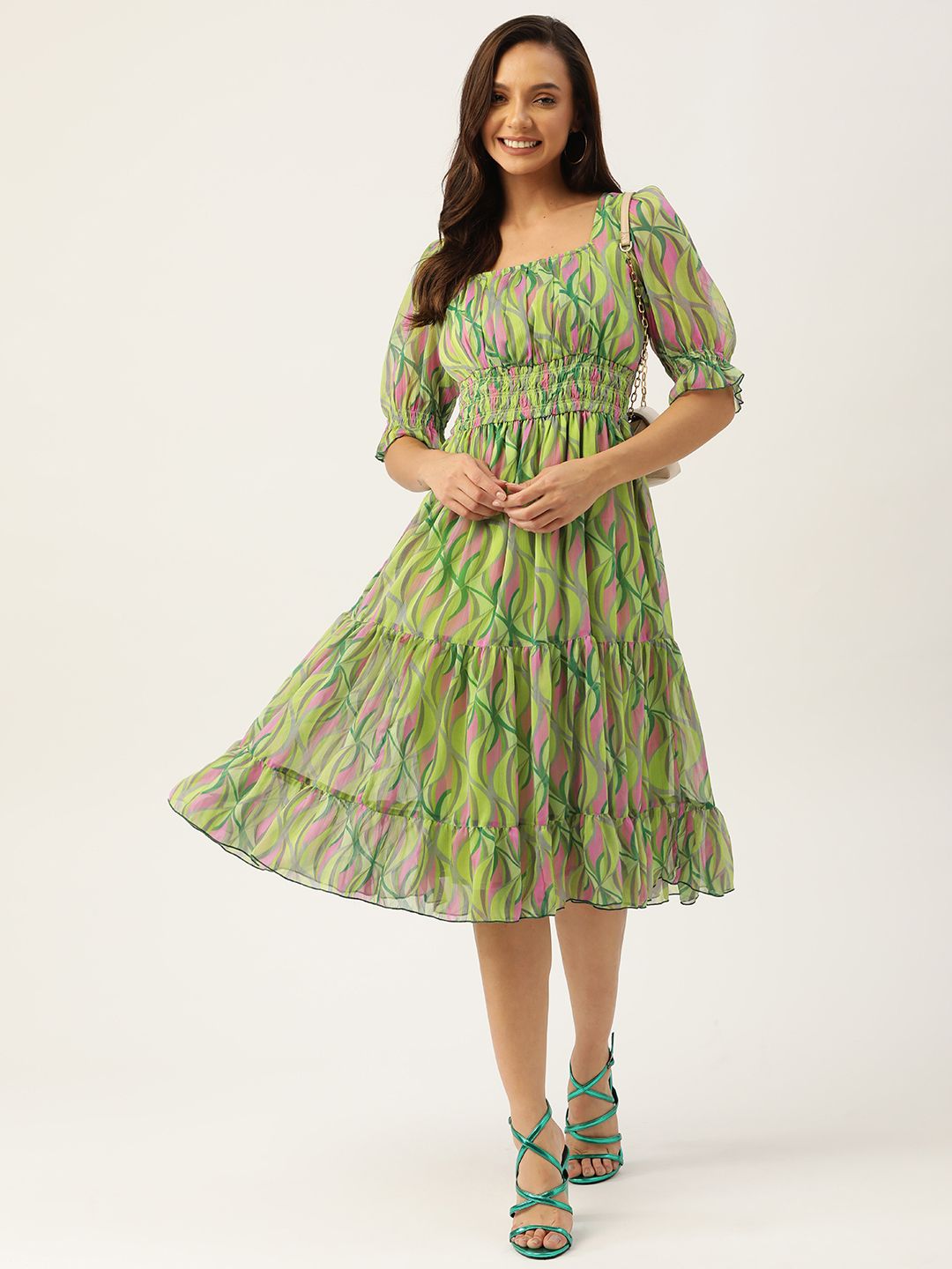 Antheaa Green & Pink Chiffon Geometric Print Tiered Dress