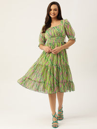 Antheaa Green & Pink Chiffon Geometric Print Tiered Dress