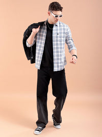 The Indian Garage Co Men White & Blue Gingham Checked Pure Cotton Casual Shirt
