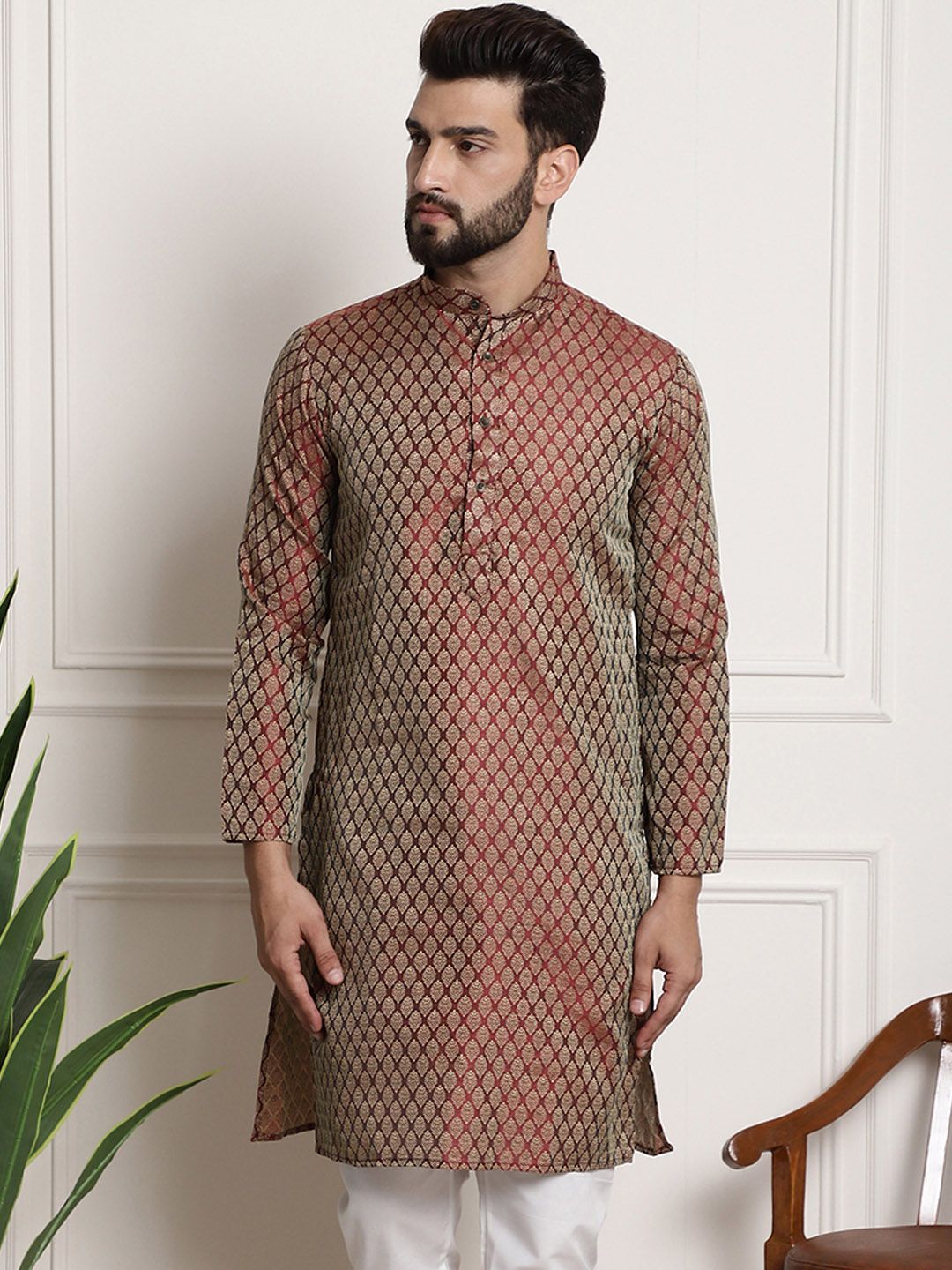 SOJANYA Woven Design Mandarin Collar Silk Cotton Kurta