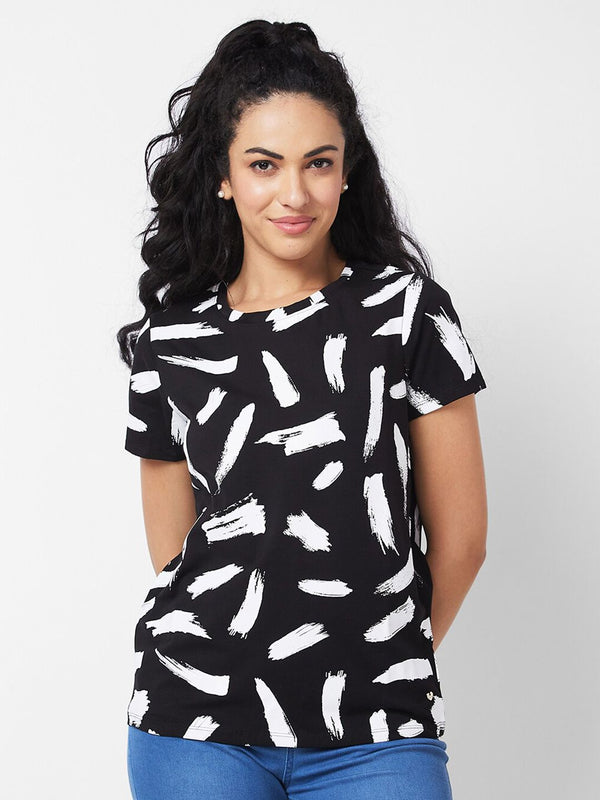 Spykar Abstract Printed Ouling Neck Half Sleeves Kapas T-Shirt Kasual