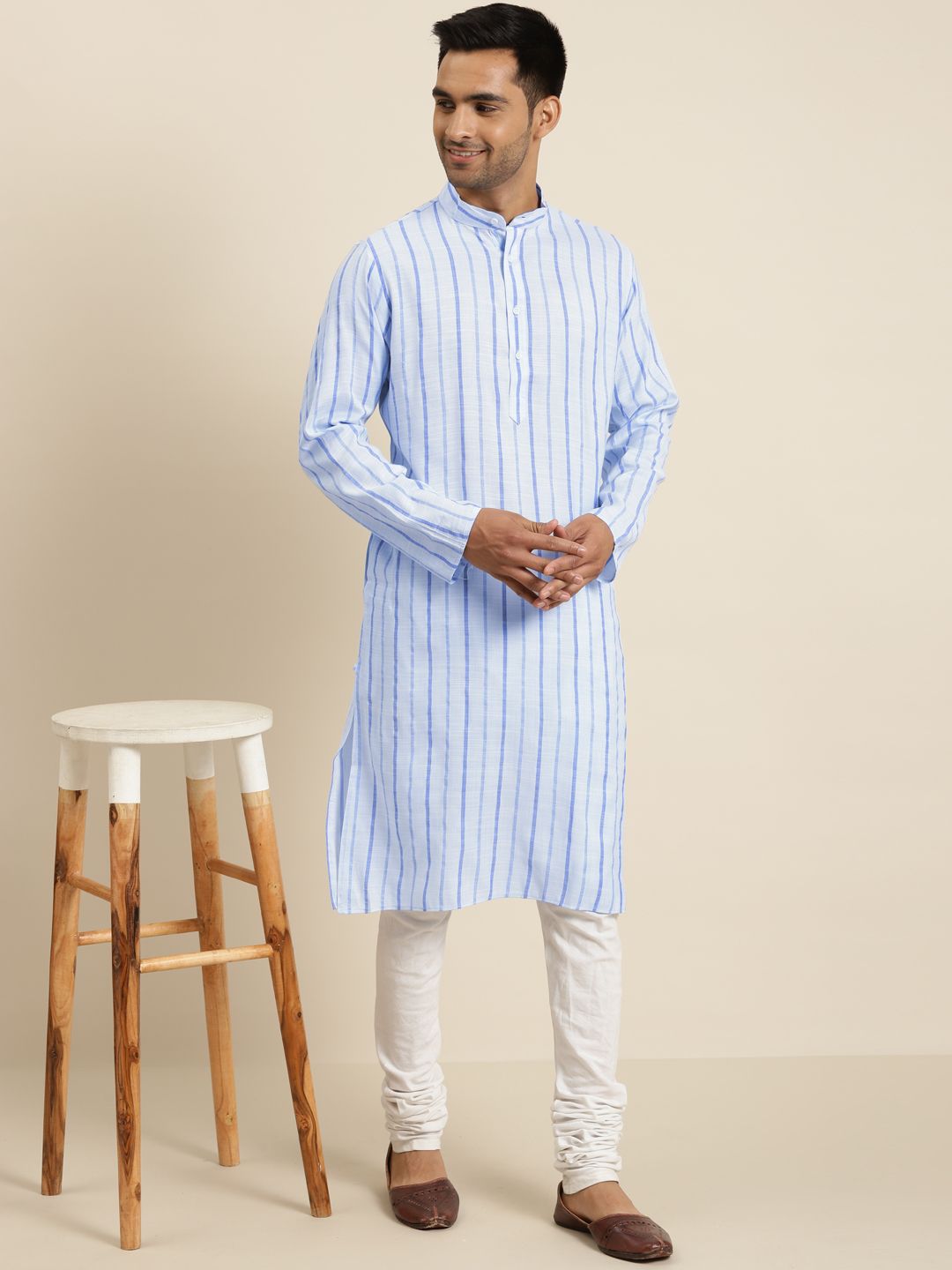SOJANYA Lelaki Biru Pure Cotton Striped Kurta