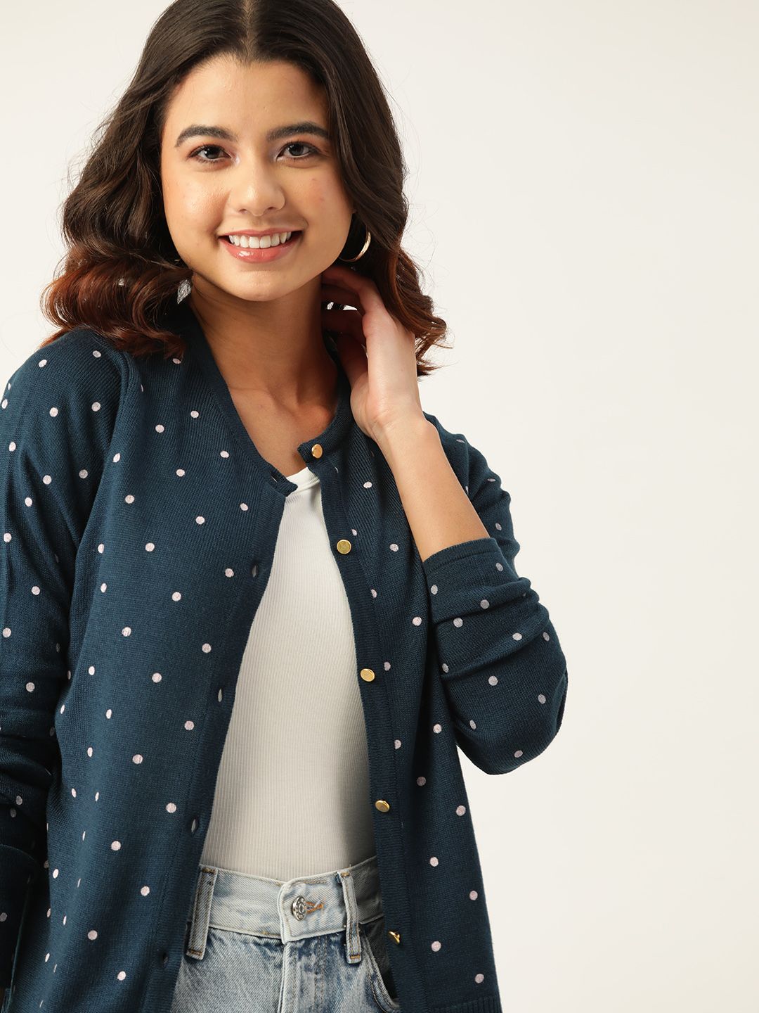 DressBerry Women Navy Blue & Off-White Acrylic Printed Cardigan