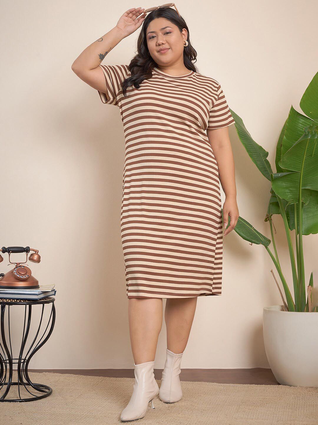 Curvy Street Brown Plus Size Striped Midi T-Shirt Dress