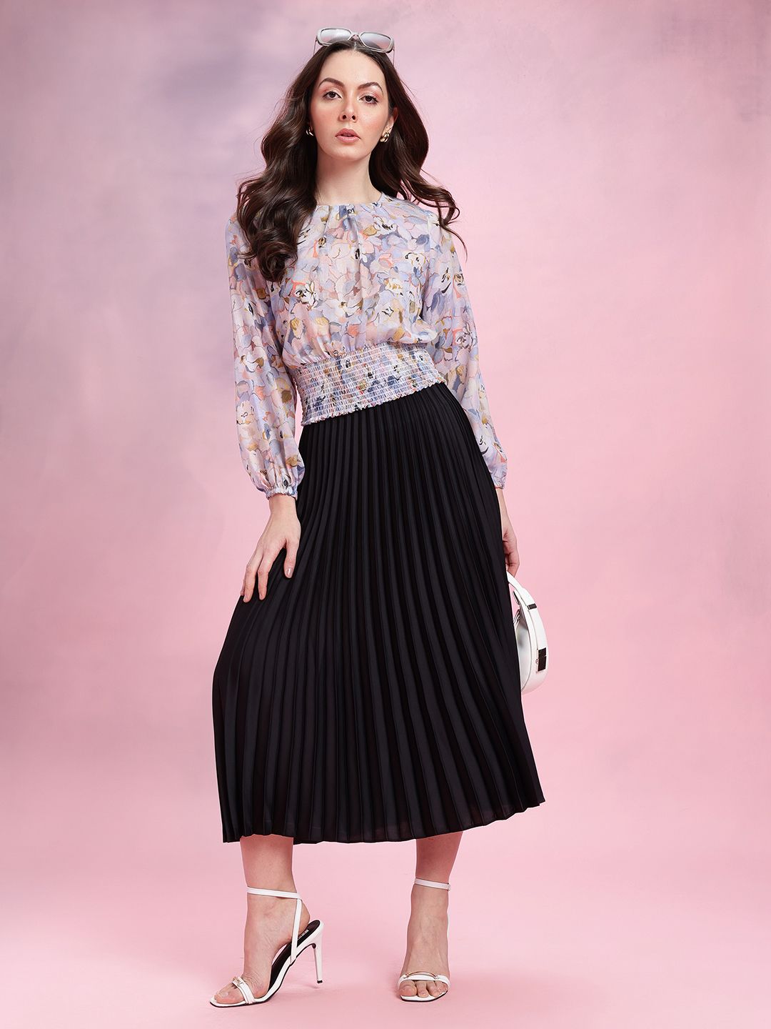 DressBerry Floral Print Smocked Detail Puff Sleeves Blouson Top