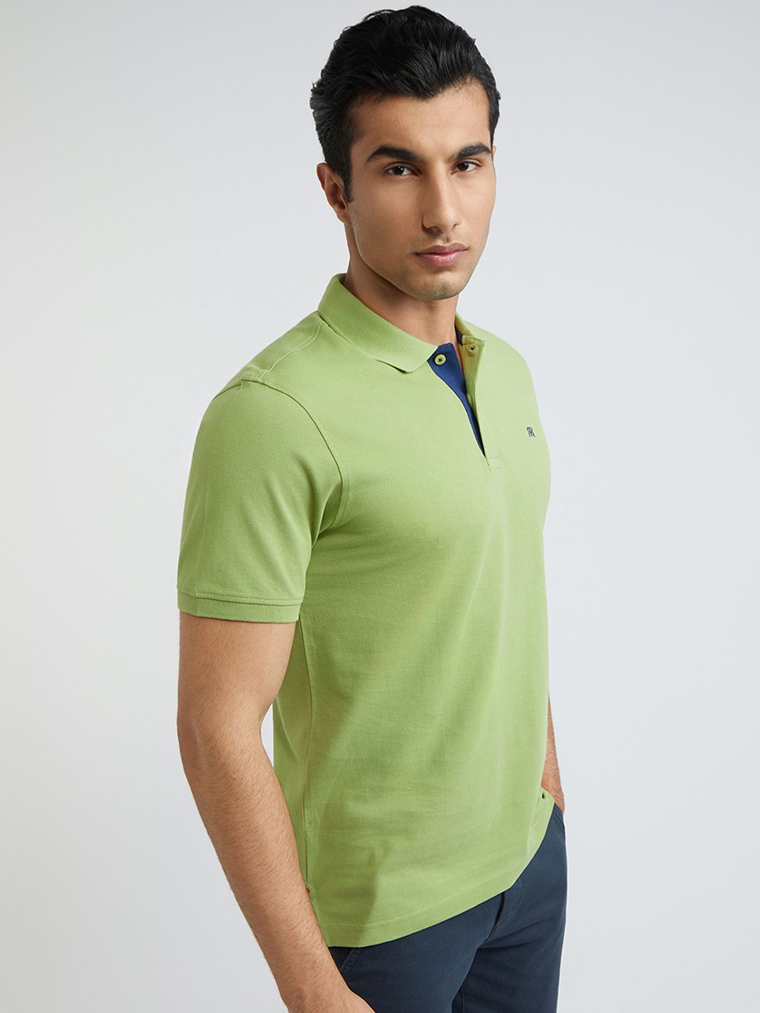 Raymond Men Green Pure Cotton Solid Polo Collar T-shirt