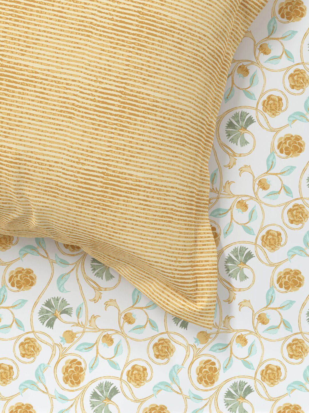 MYTRIDENT Block Print Mastard Sanskriti Flat 144TC King Cotton Bedsheet Set