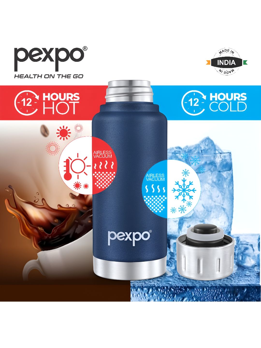 Pexpo Cameo Denim Blue Stainless Steel Double Wall Hot and Cold Flask Water Bottle 300ml