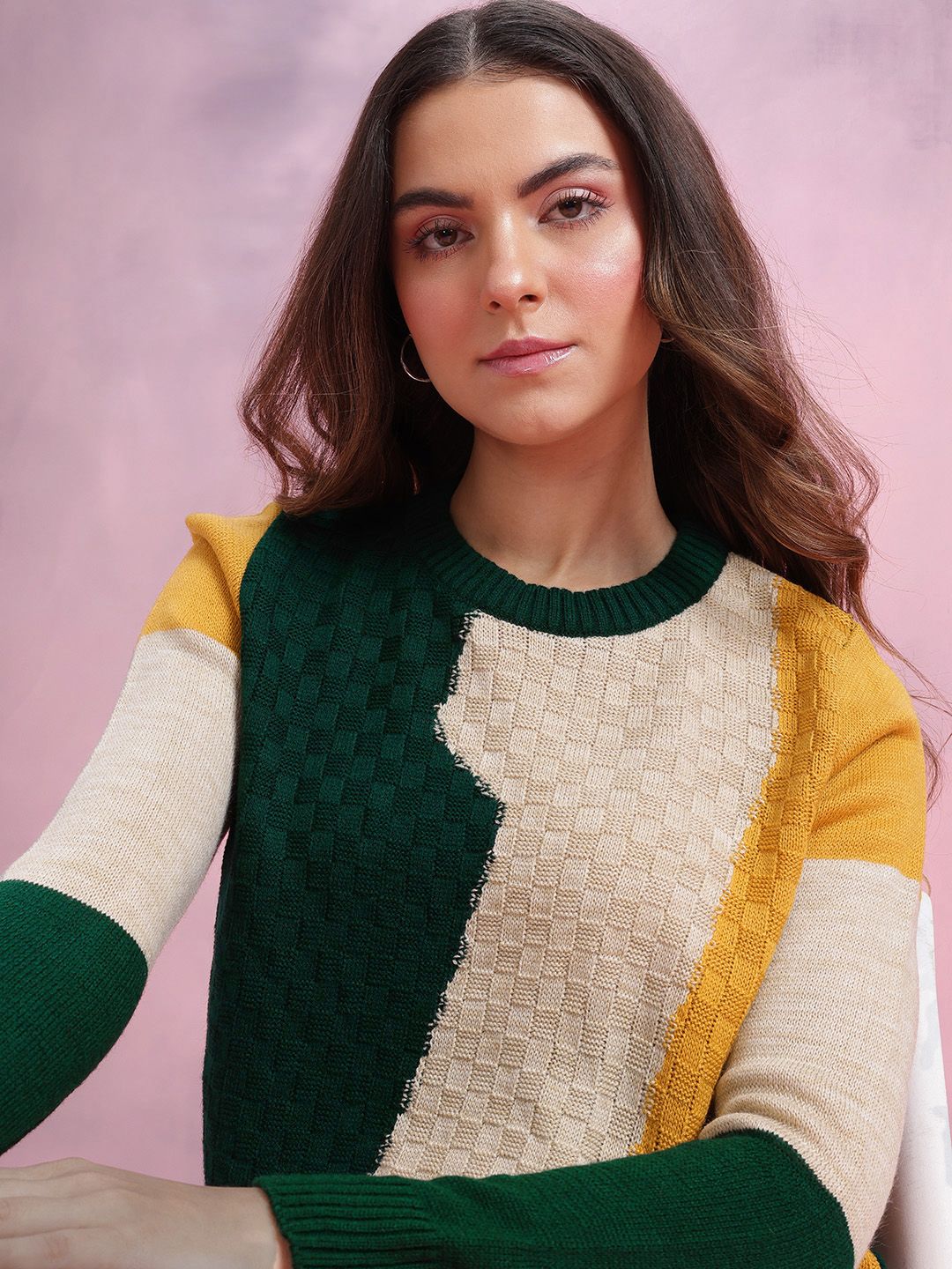 DressBerry Colourblocked Knitted Pure Acrylic Pullover