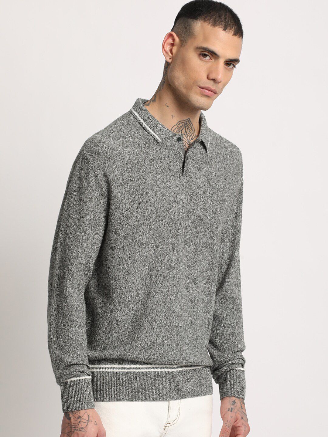 THE BEAR HOUSE Men Self Designed Regular Fit Cotton Polo Collar T-Shirt