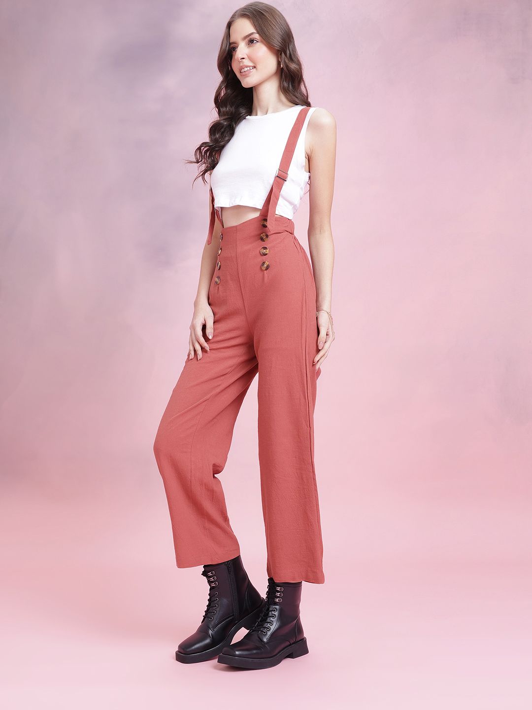 DressBerry Women High-Rise Mock Buttons Cropped Trousers with Gallus