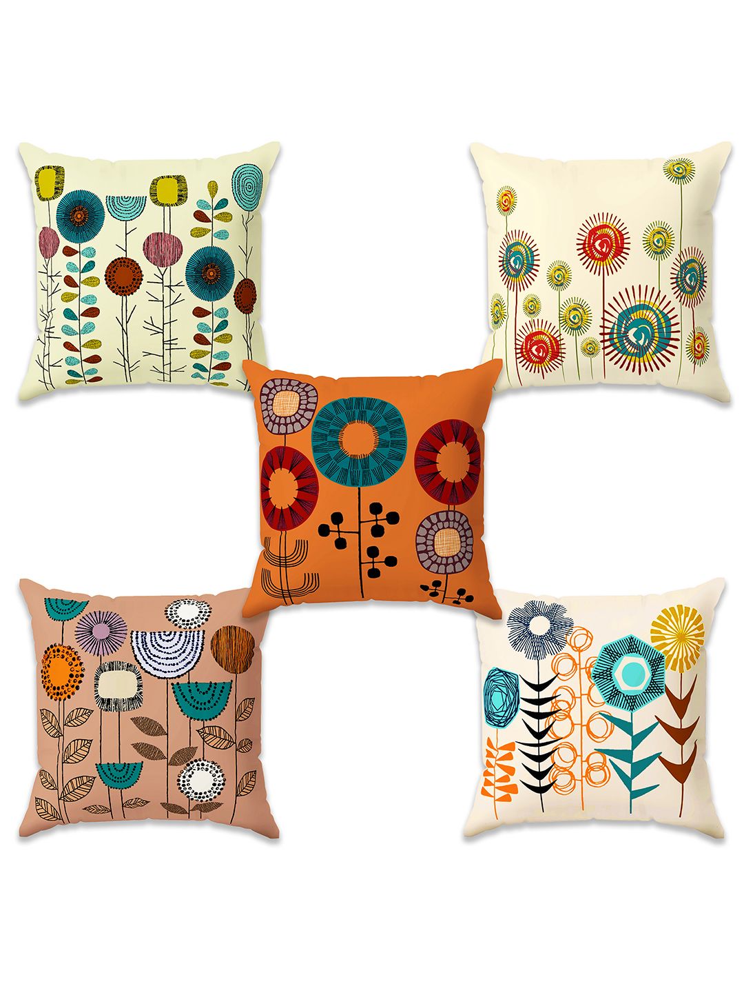 Story@home Mustard & Green 5 Pieces Floral Square Cushion Covers