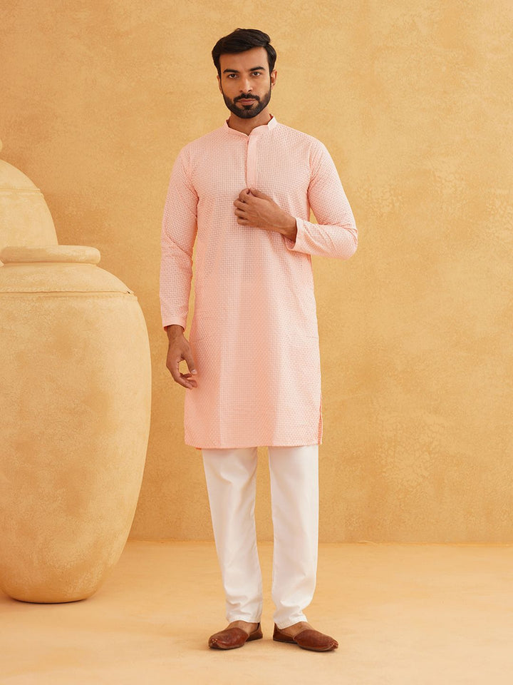 SOJANYA Checked Mandarin Collar Long Sleeves Thread Work Pure Cotton Kurta with Churidar