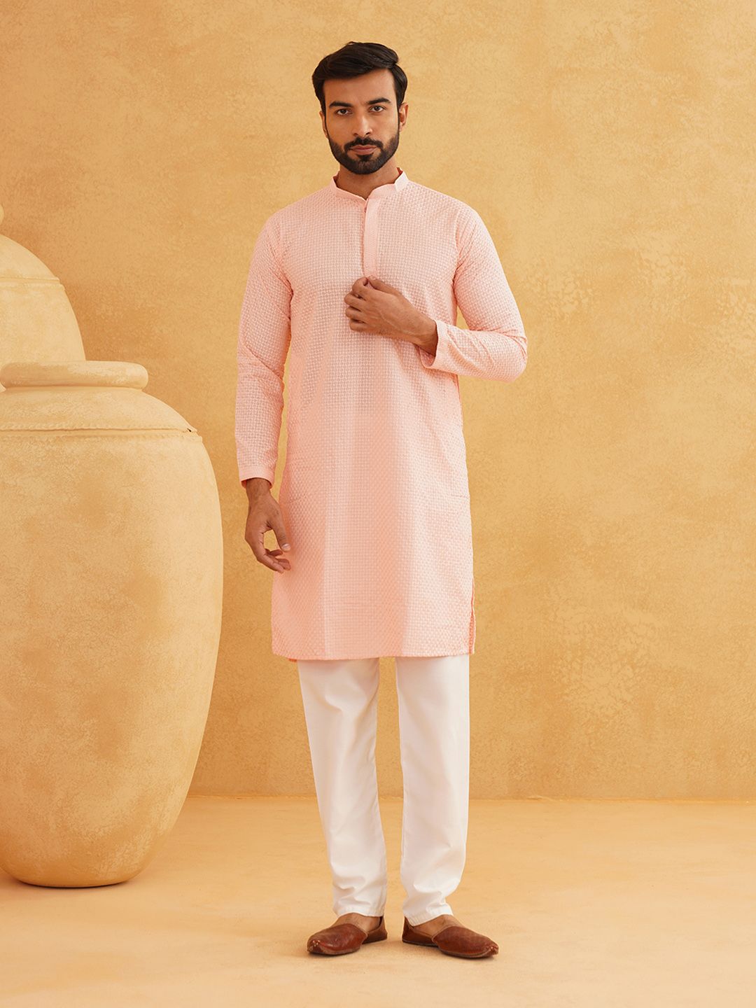 SOJANYA Checked Mandarin Collar Long Sleeves Thread Work Pure Cotton Kurta with Churidar