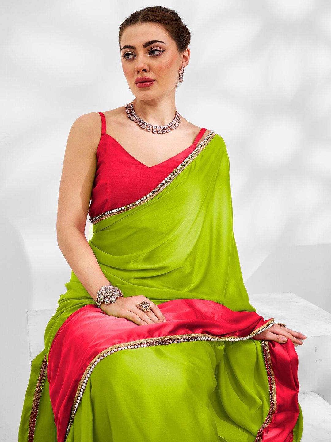 Mitera Colourblocked Mirror Work Pure Georgette Saree
