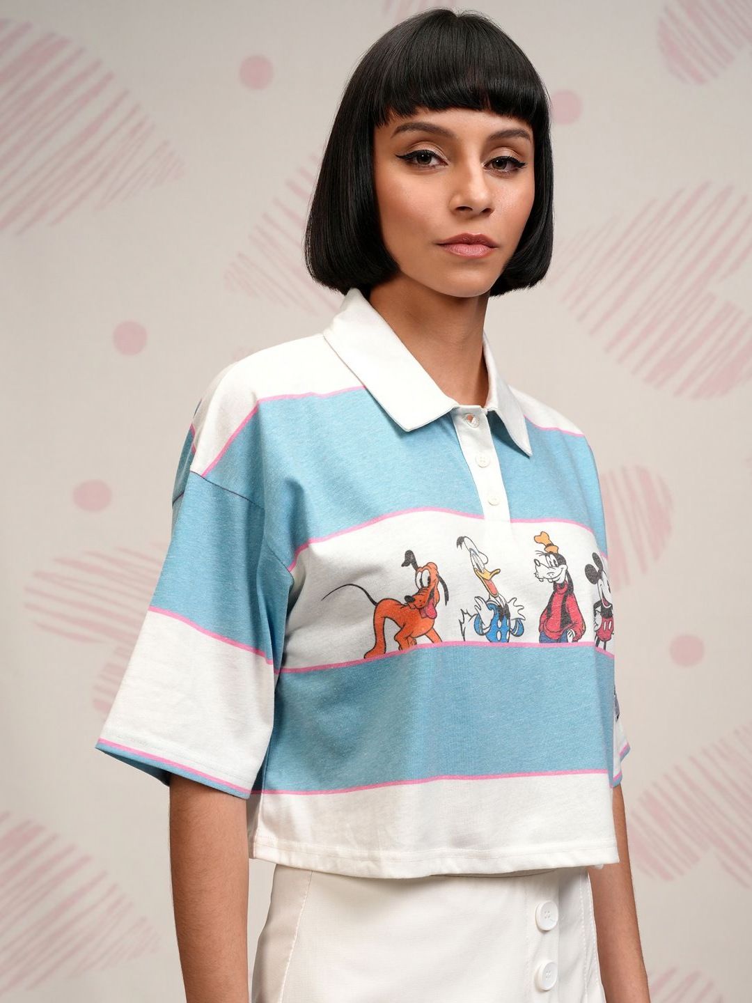 Tokyo Talkies Disney Women Mickey Friends Striped Crop Tshirt