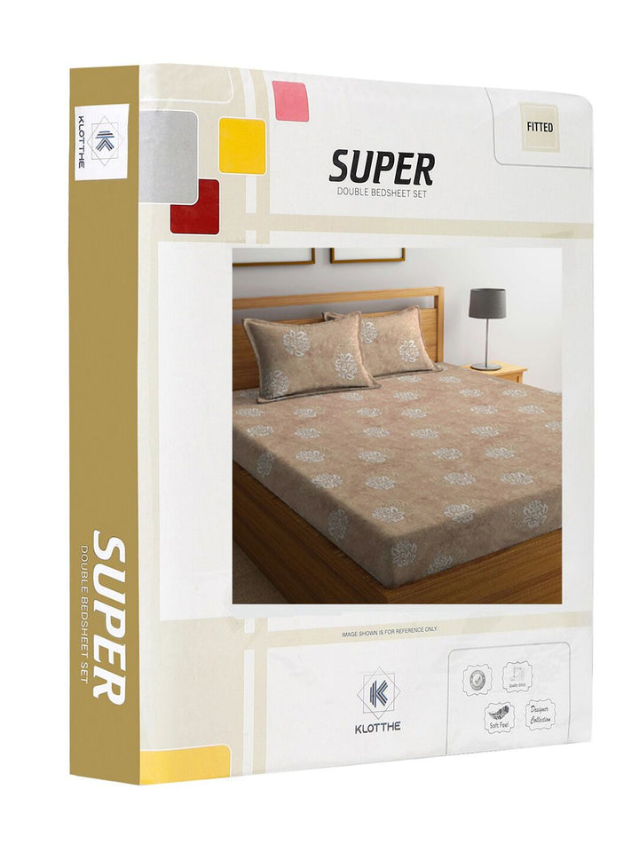 KLOTTHE Beige & White Floral-Printed 130GSM Fitted Double King Bedsheet & 2 Pillow Covers