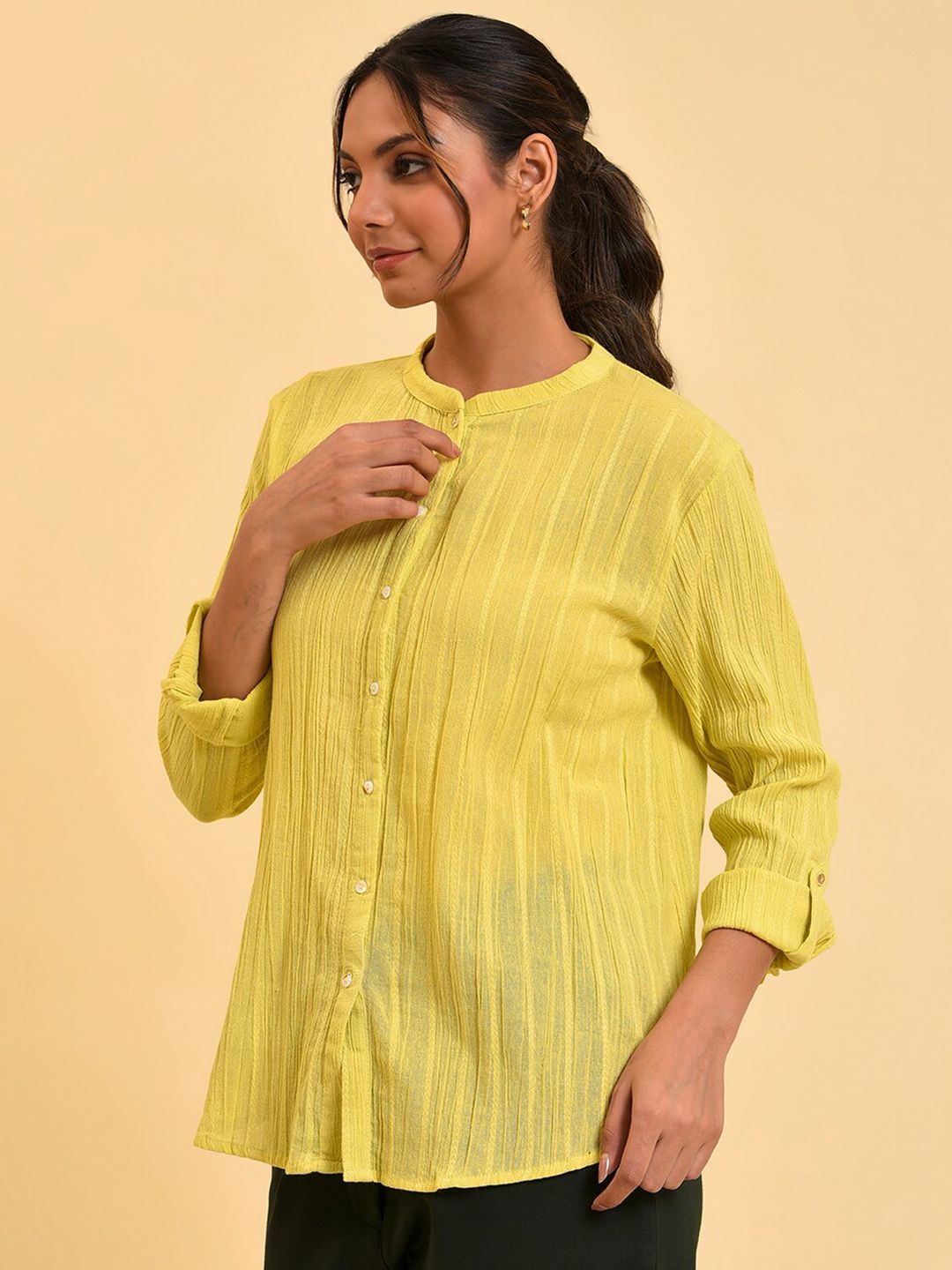 W Green Cotton Shirt Style Top