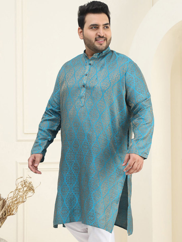 SOJANYA PLUS Men Teal Blue & Golden Ethnic Motifs Jacquard Kurta