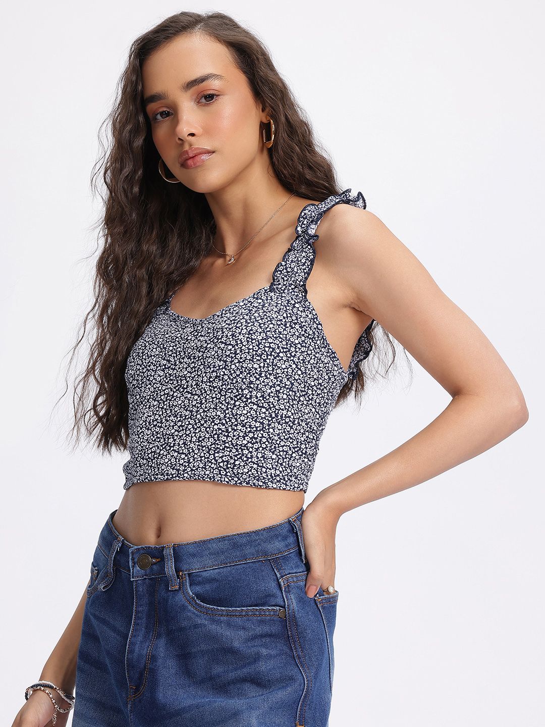 DressBerry Ditsy Blooms Floral Print Smocked Ruffles Crop Top