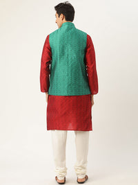SOJANYA Men Maroon Jacquard Silk Kurta with Churidar & Nehru Jacket