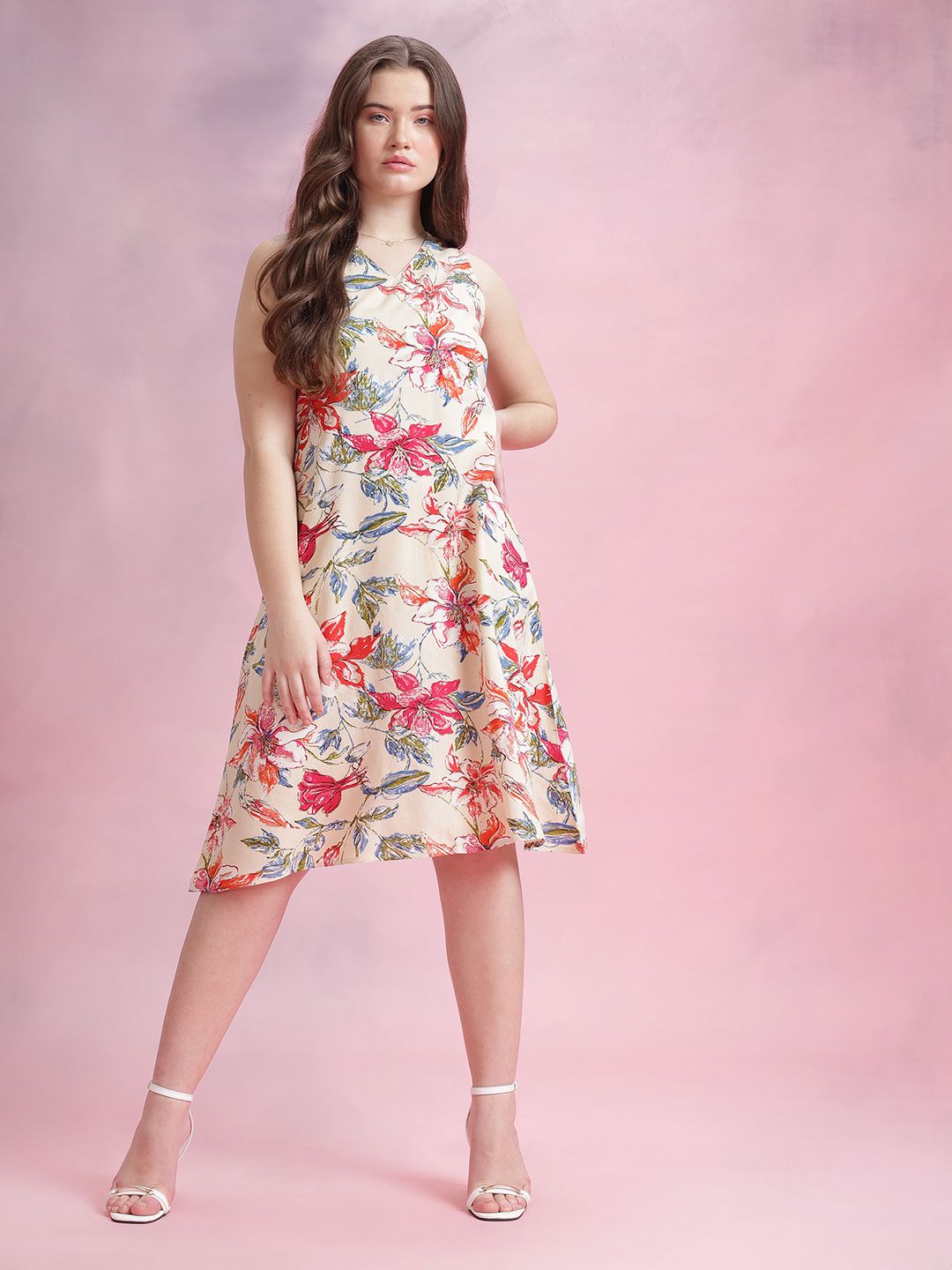 DressBerry Floral Print V-Neck Midi A-Line Dress
