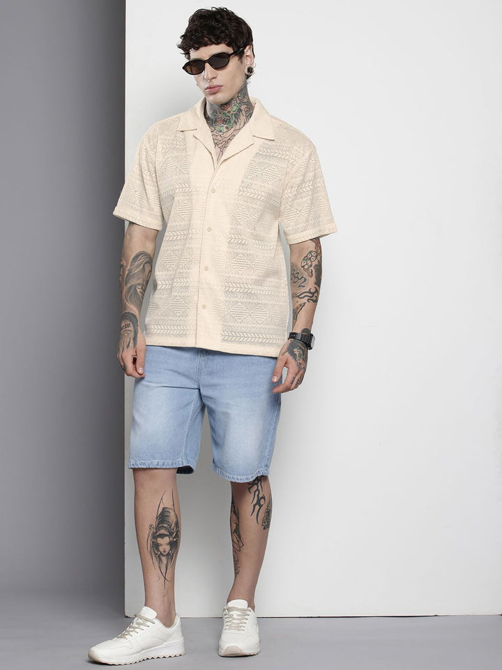 The Indian Garage Co Men Relaxed Fit Textured Resort Wear Jacquard Shirt