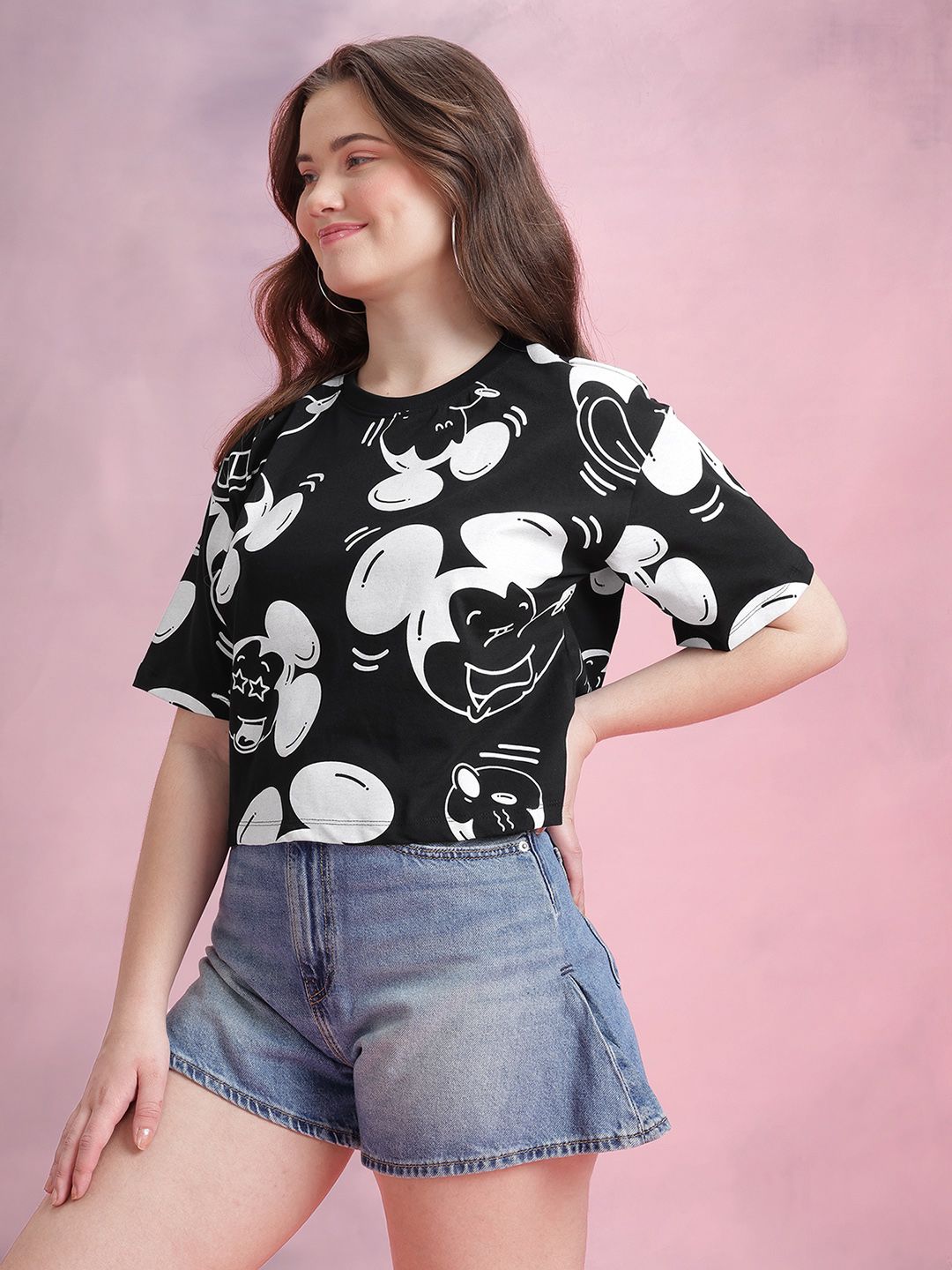 DressBerry Mickey Mouse Printed Pure Cotton Boxy T-shirt
