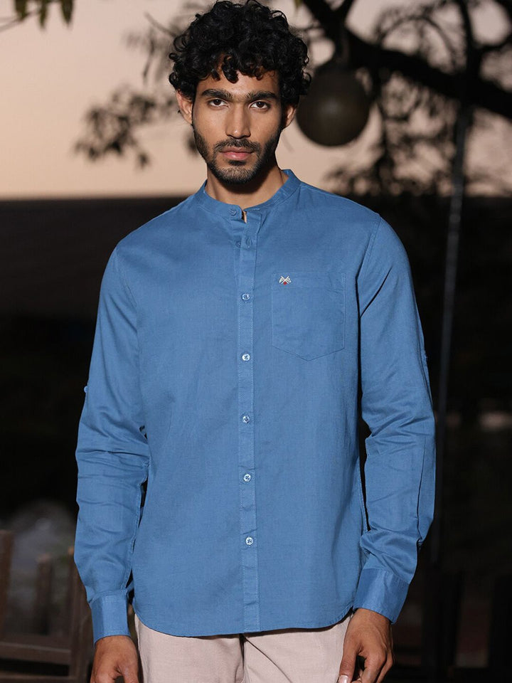 Thomas Scott Mandarin Collar Premium Cotton Linen Slim Fit Opaque Casual Shirt