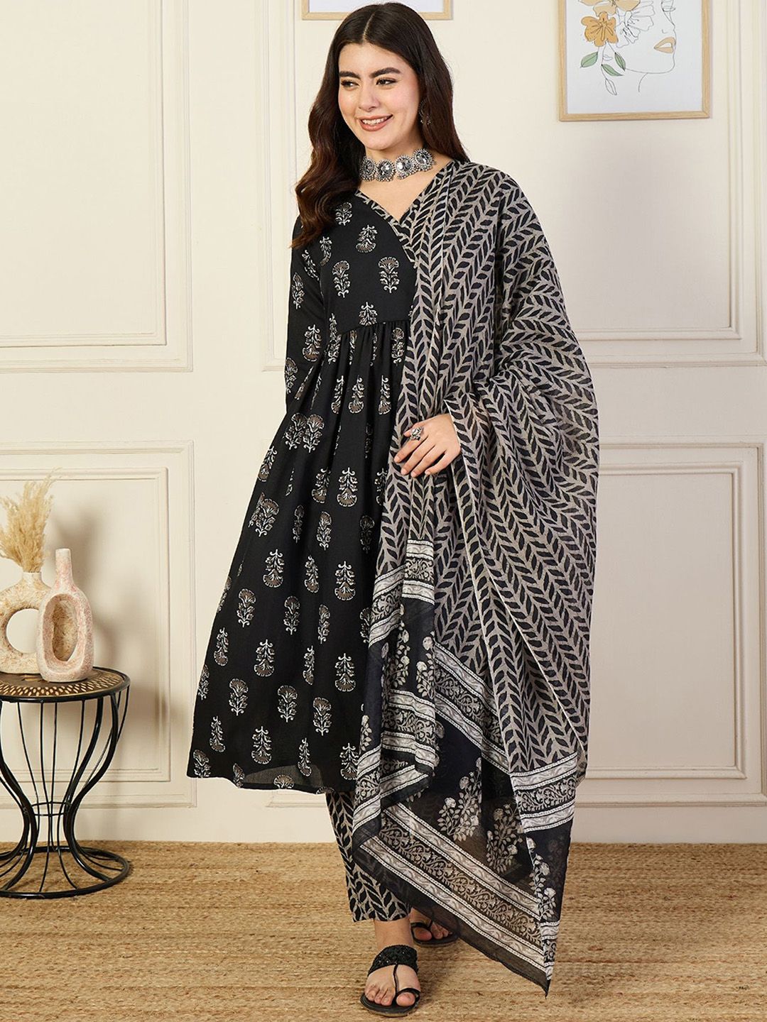 KALINI V-Neck Floral Printed Angrakha Anarkali Kurta with Trouser & Dupatta