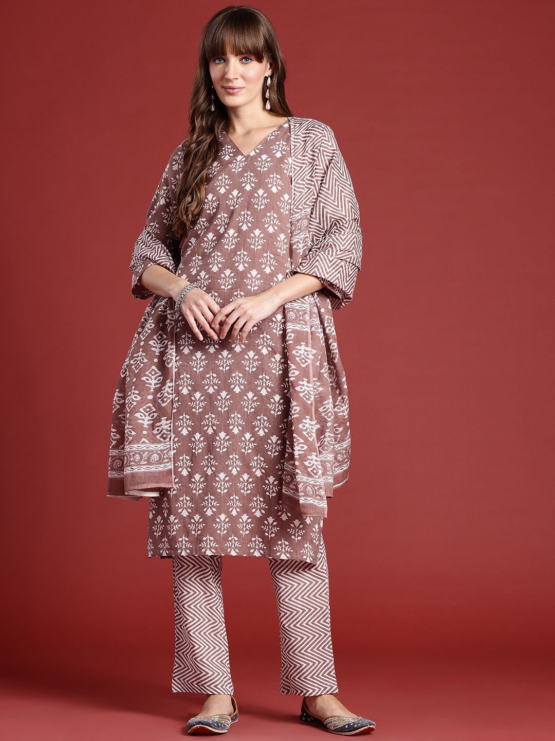 Anouk Floral Printed Pure Cotton Kurta With Trousers & Dupatta
