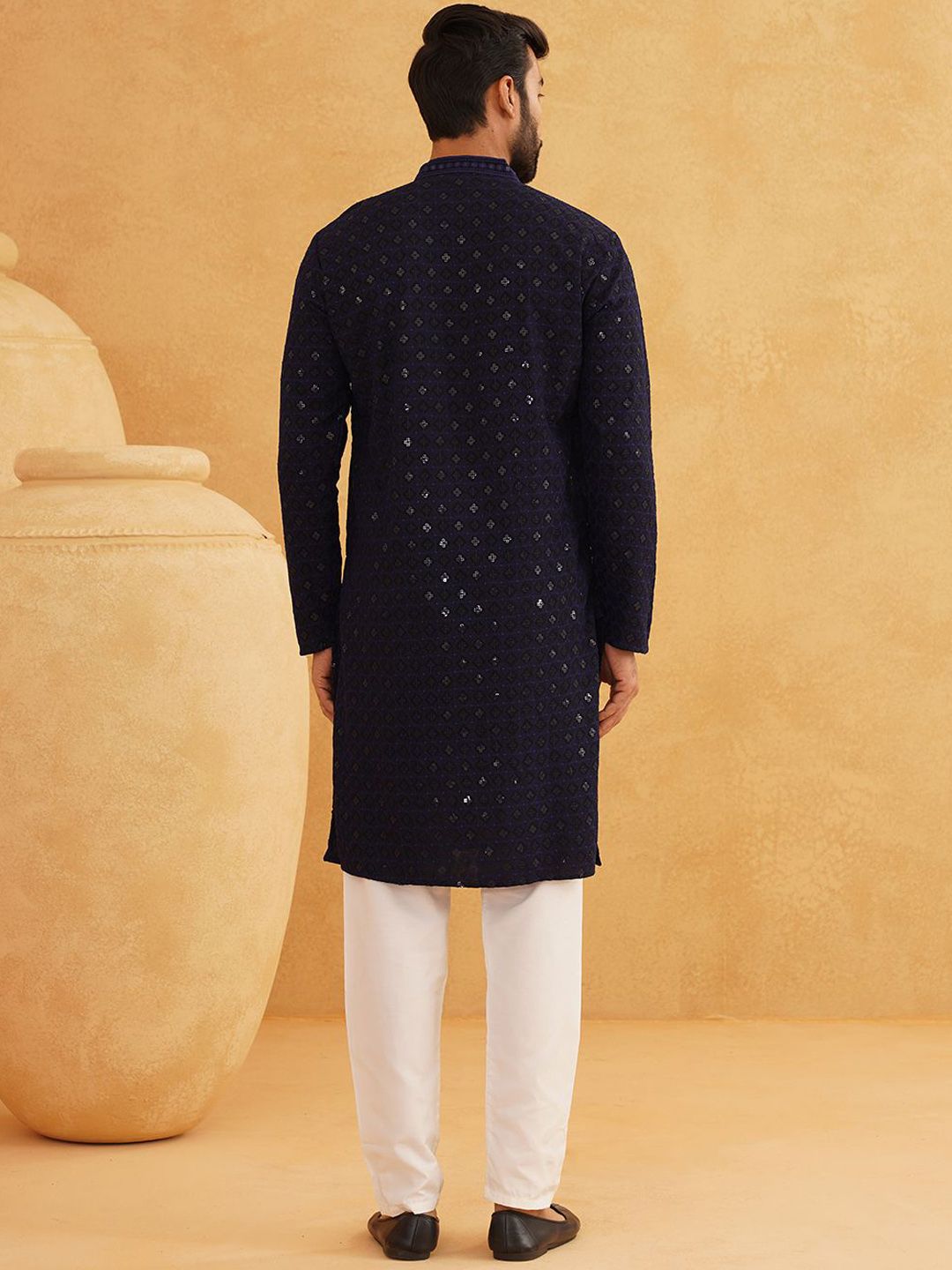 SOJANYA Geometric Embroidered Mandarin Collar Sequinned Pure Cotton Kurta with Churidar