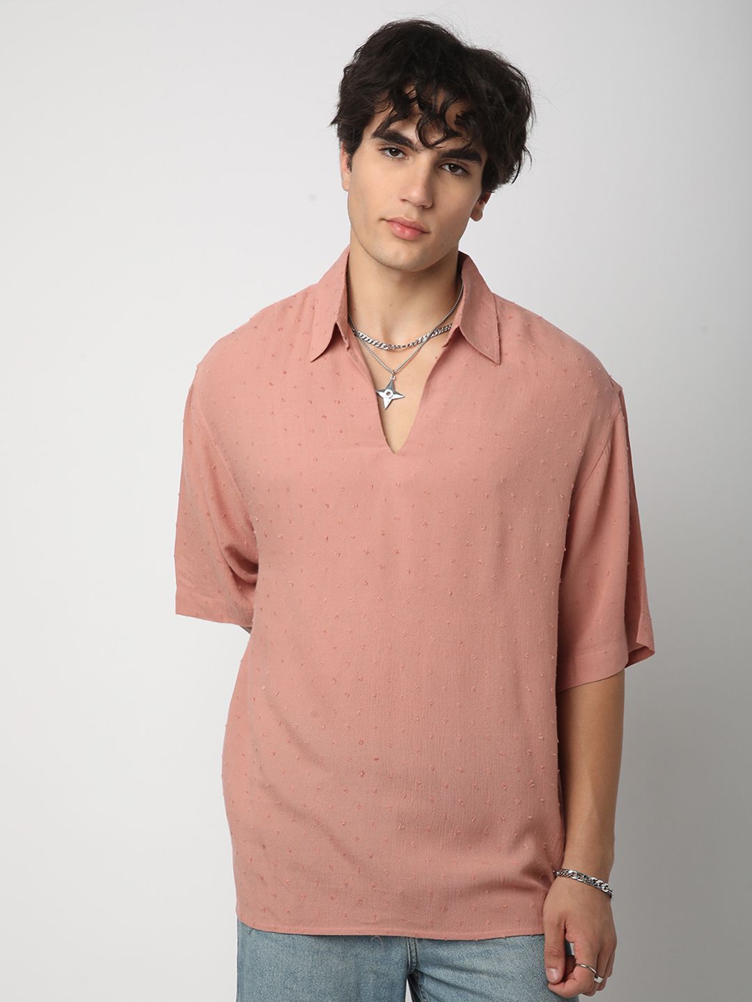 VASTRADO Men Classic Spread Collar Textured Cotton Relaxed Fit Casual Shirt