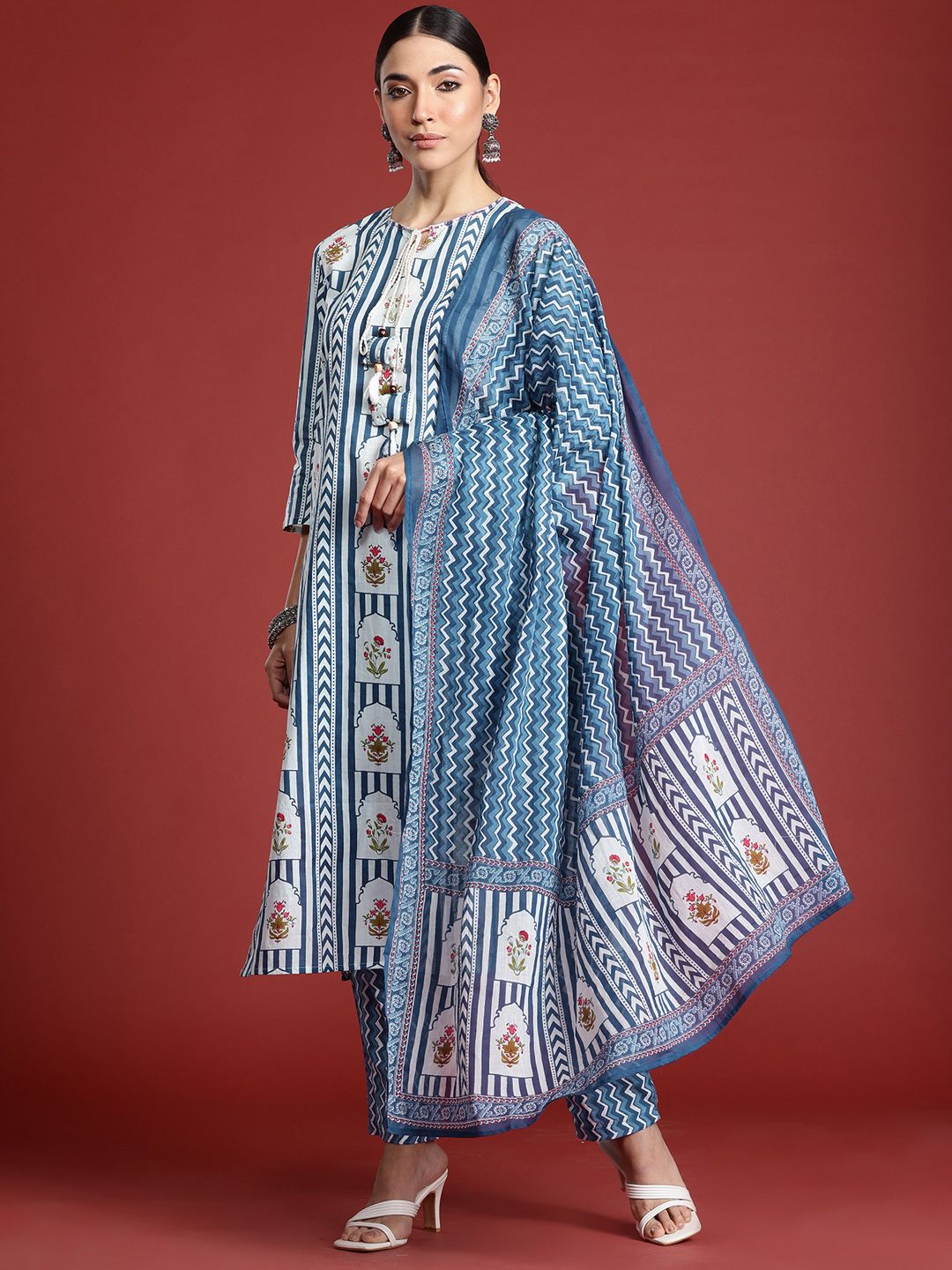Indo Era Ethnic Motifs Printed Sequinned Pure Cotton Kurta with Trousers & With Dupatta