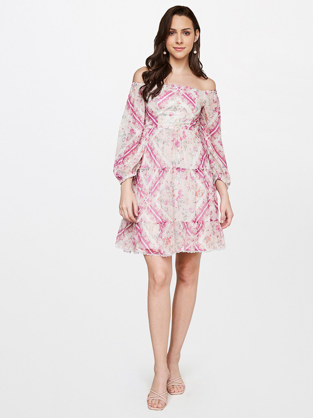 AND Women Cream-Coloured Floral Off-Shoulder Dress
