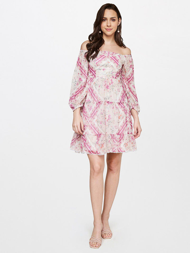 AND Women Cream-Coloured Floral Off-Shoulder Dress