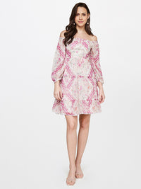 AND Women Cream-Coloured Floral Off-Shoulder Dress