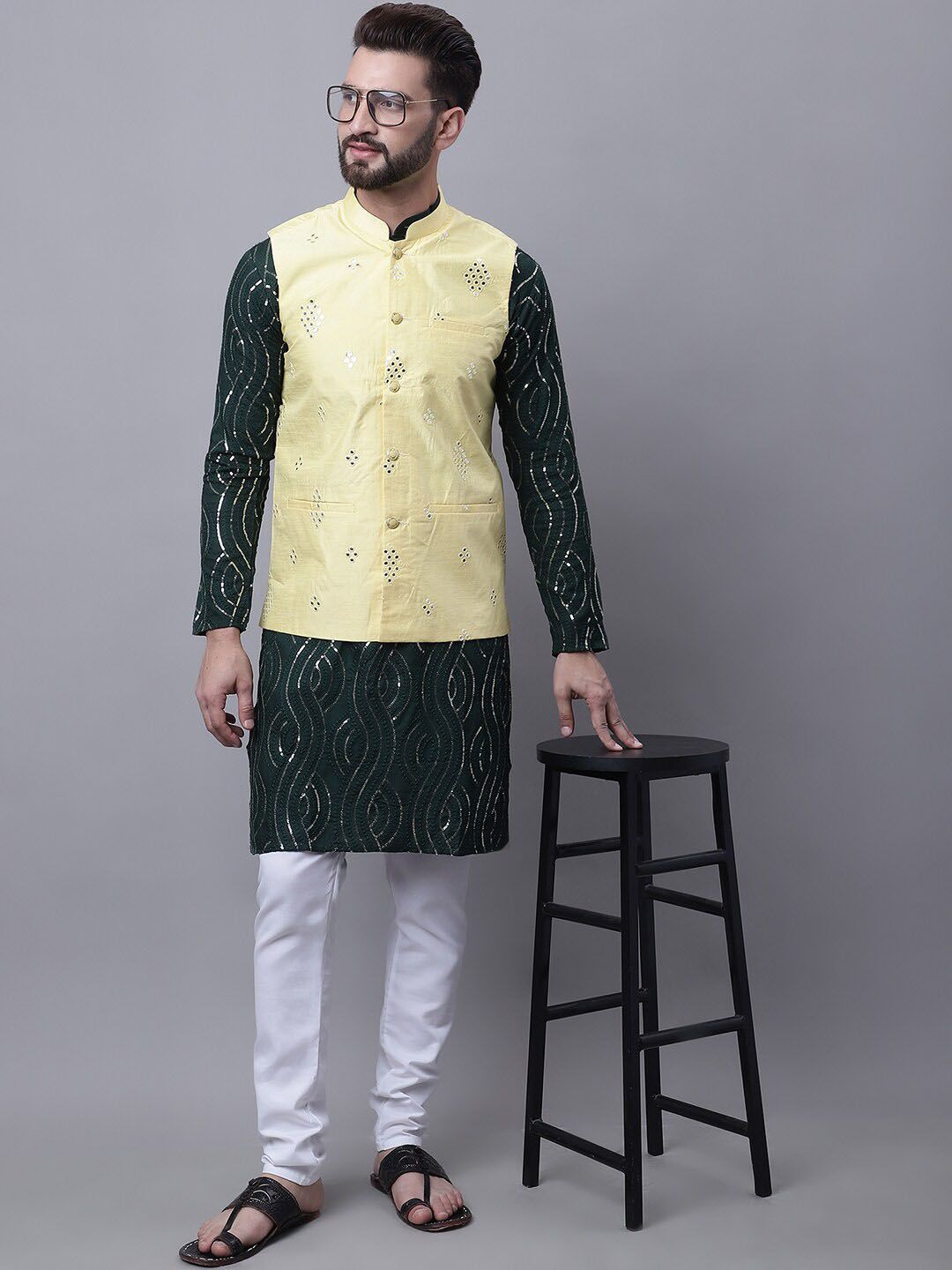 SOJANYA Ethnic Motif Sequinned Embellished Pure Cotton Kurta with Churidar & Nehru Jacket