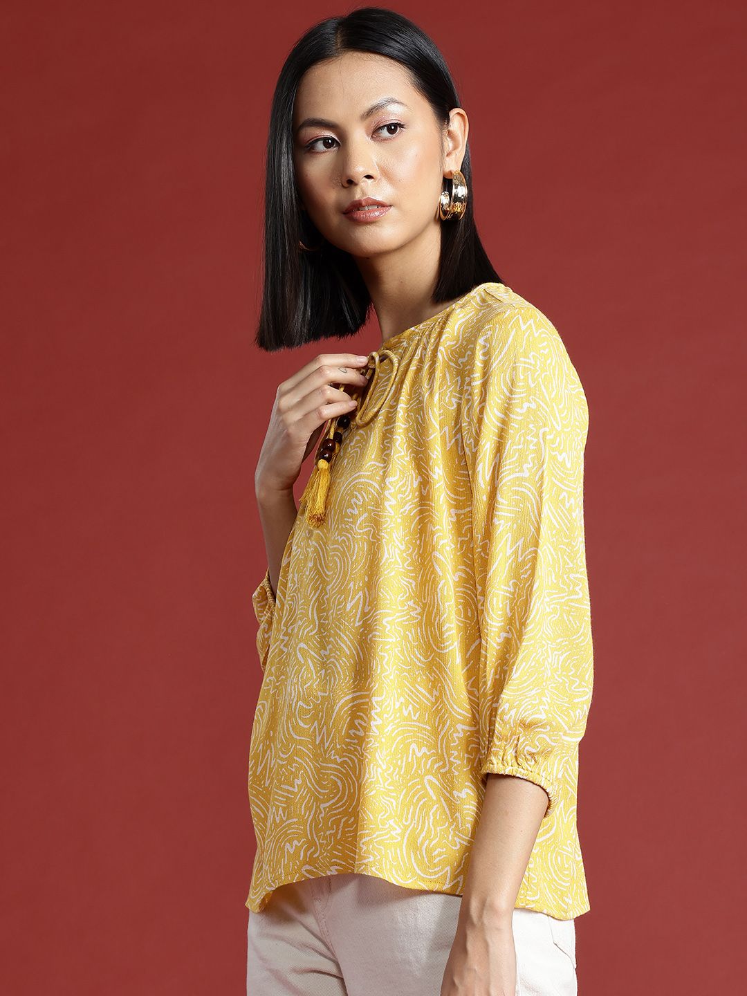all about you Printed Tie-Up Neck Puff Sleeve Top