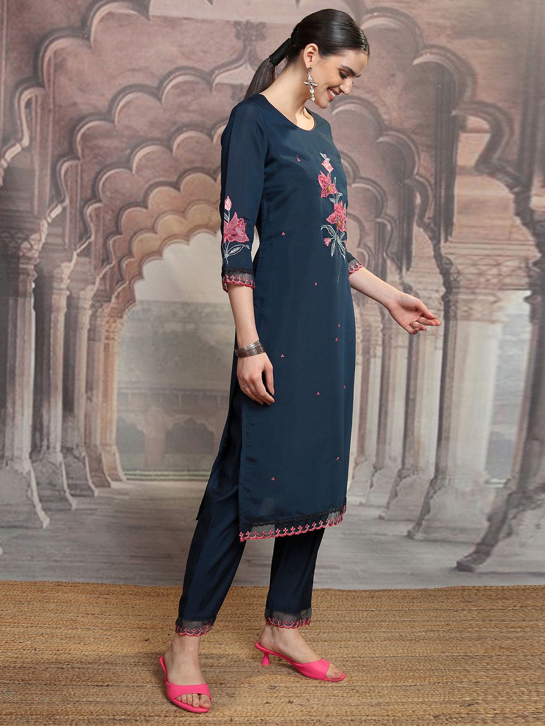 Vishudh Navy Blue Floral Embroidered Thread Work Straight Kurta With Trousers & Dupatta