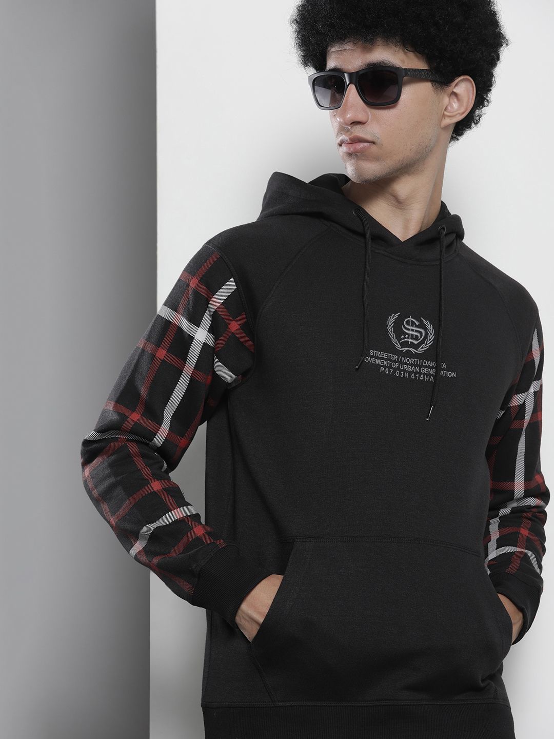 The Indian Garage Co Men Black Embroidered Hooded Sweatshirt