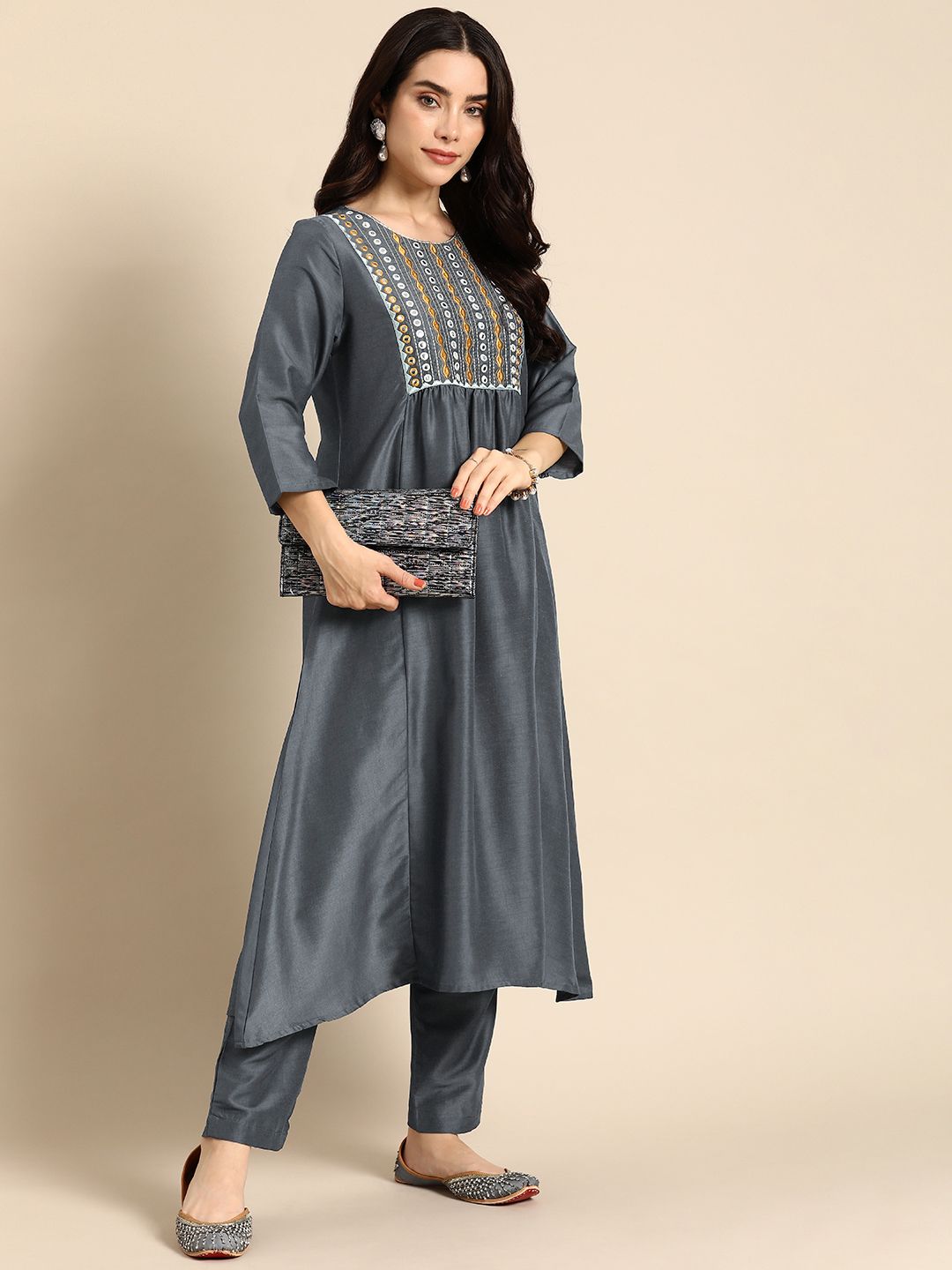 Anouk Ethnic Motifs Embroidered Regular Mirror Work Kurta with Trousers