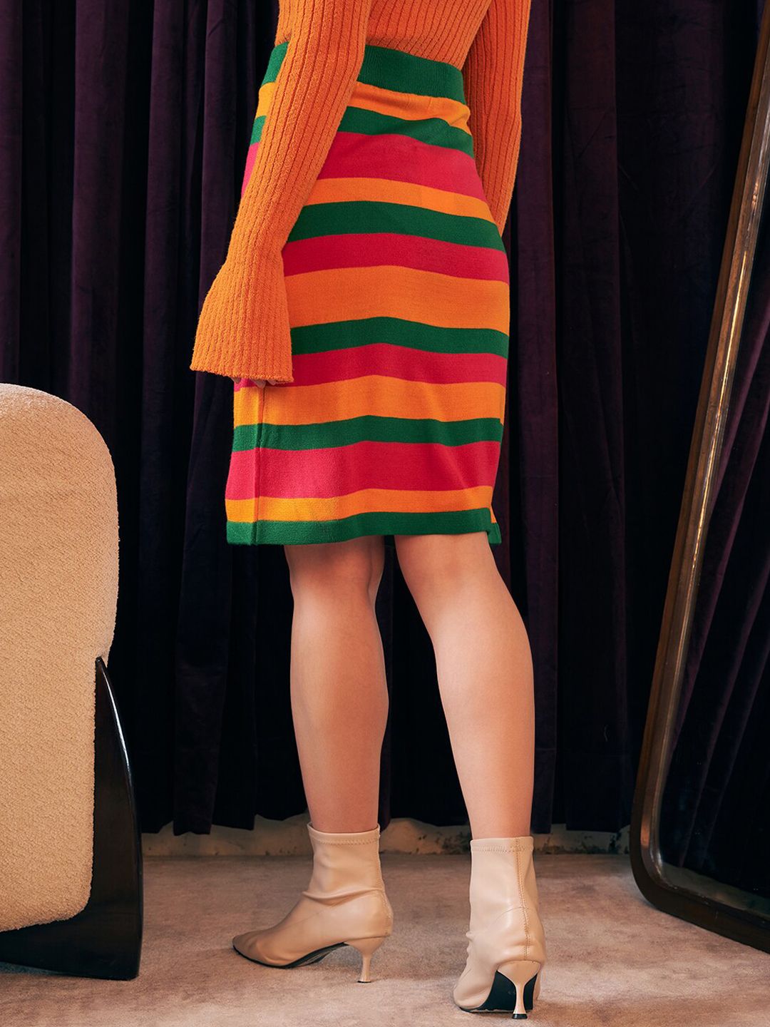 Berrylush Brown, Green & Yellow Colourblocked Acrylic Pencil Skirt
