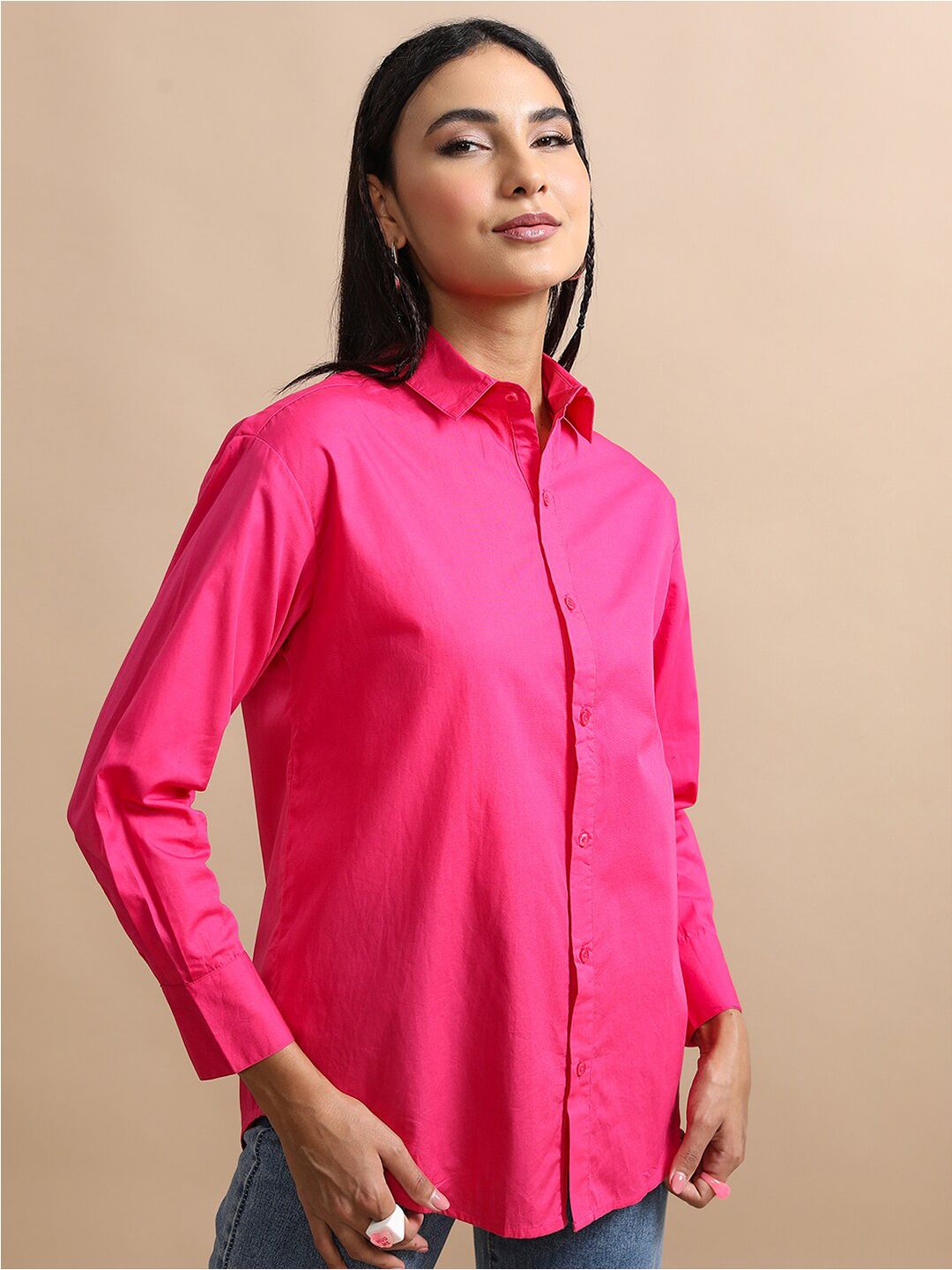 Tokyo Talkies Cutaway Collar Oversized Cotton Casual Shirt